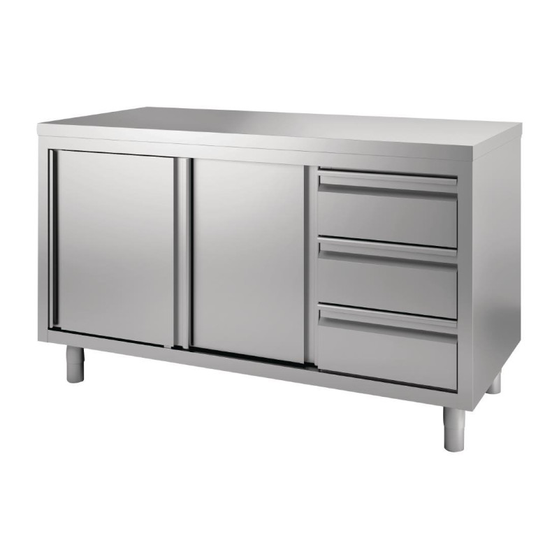 Möbel aus Edelstahl mit Schiebetüren und 3 Schubladen links - B 1400 x T 700mm - Gastro M Möbel aus Edelstahl mit Schiebetüren und 3 Schubladen links - B 1400 x T 700mm - Gastro M