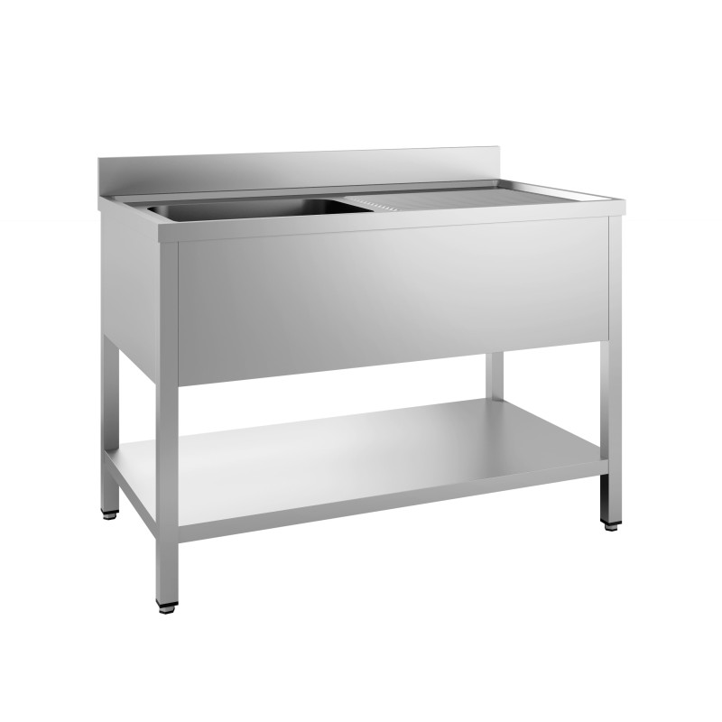 Sink 1 Basin with Right Drainer and Shelf - Dimensions L 1200 x D 600 mm - Stainless Steel, Professional Kitchen Sink 1 Basin with Right Drainer and Shelf - Dimensions L 1200 x D 600 mm - Stainless Steel, Professional Kitchen