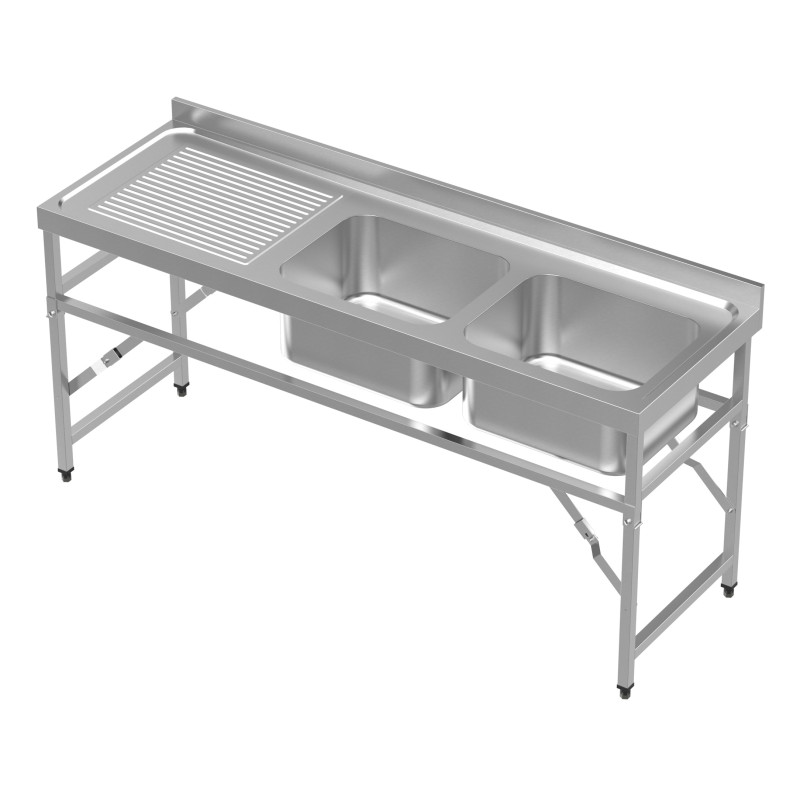 Folding Sink 2 Bowls and Drainer on the Left in Stainless Steel - Kitchen Catering Folding Sink 2 Bowls and Drainer on the Left in Stainless Steel - Kitchen Catering