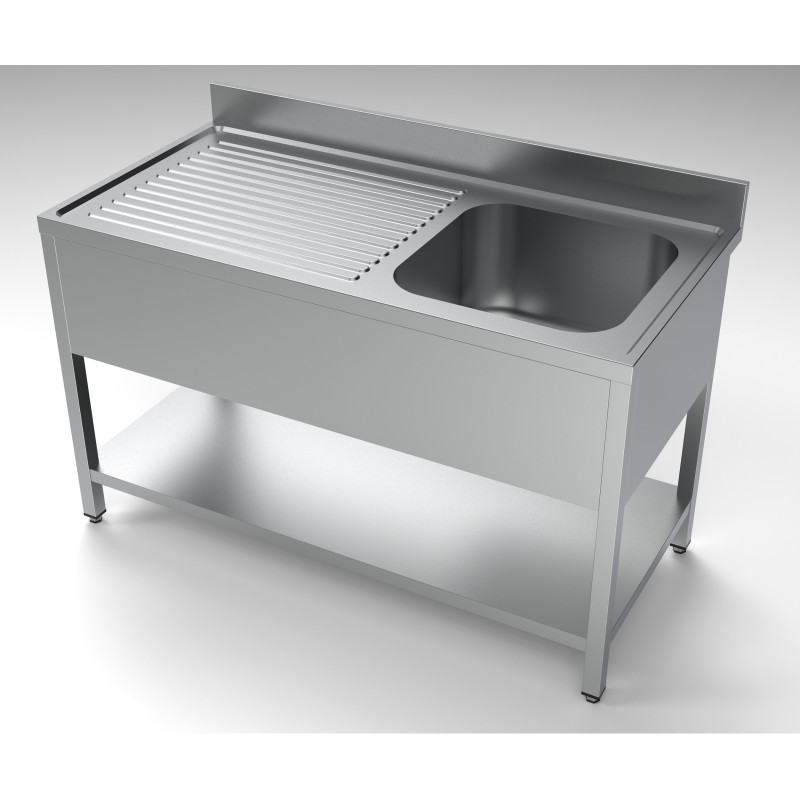Sink 1 Basin and Drainer on the Left with Backsplash and Shelf in Stainless Steel AISI 304 - Dimensions 1400x700 mm Sink 1 Basin and Drainer on the Left with Backsplash and Shelf in Stainless Steel AISI 304 - Dimensions 1400x700 mm