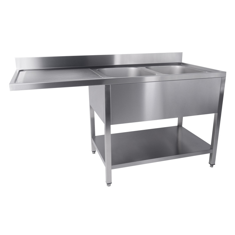 2 Sink Basins Dishwasher Passage Left Removable Shelf - 1600x700 mm - Stainless Steel AISI 304 2 Sink Basins Dishwasher Passage Left Removable Shelf - 1600x700 mm - Stainless Steel AISI 304