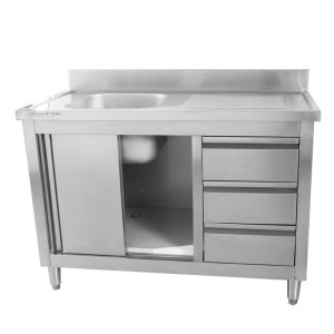 Meuble Plonge 1 Bac mit Rückwand und 3 Schubladen - 1200 x 600 mm - Becken links - Dynasteel