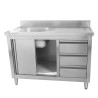 Meuble Plonge 1 Bac mit Rückwand und 3 Schubladen - 1200 x 600 mm - Becken links - Dynasteel