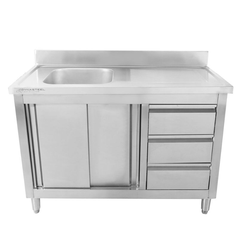 Sink Unit 1 Bowl with Backsplash and 3 Drawers - 1200 x 600 mm - Bowl on the Left - Dynasteel Sink Unit 1 Bowl with Backsplash and 3 Drawers - 1200 x 600 mm - Bowl on the Left - Dynasteel