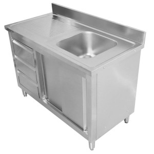 Plonge Unit 1 Bowl with Backsplash and 3 Drawers - 1200 x 600 mm - Bowl on Right - Dynasteel