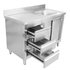 Plonge Unit 1 Bowl with Backsplash and 3 Drawers - 1200 x 600 mm - Bowl on Right - Dynasteel