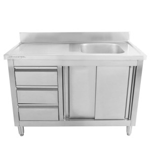 Plonge Unit 1 Bowl with Backsplash and 3 Drawers - 1200 x 600 mm - Bowl on Right - Dynasteel